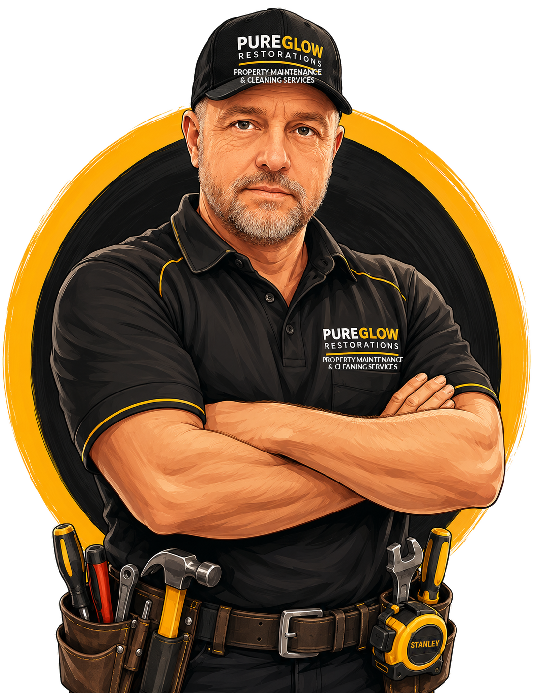 Illustrated portrait of Arty wearing Pure Glow Restorations workwear with his arms folded and tools on his belt