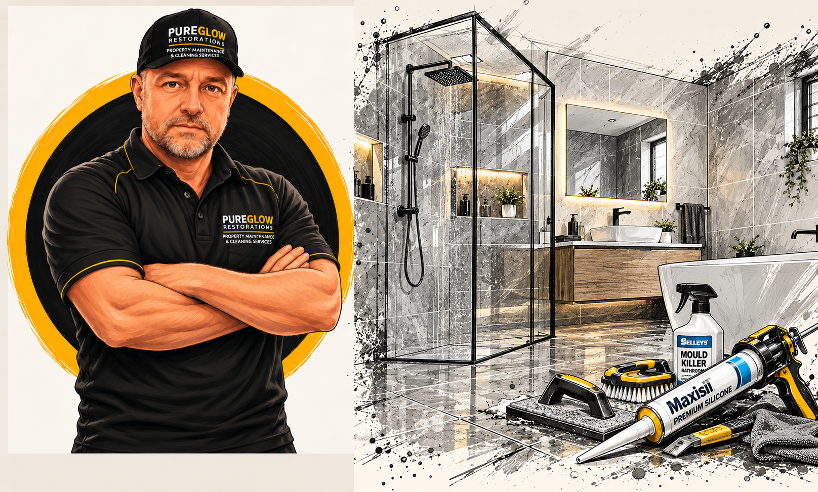 Arty beside a pencil-illustrated futuristic bathroom